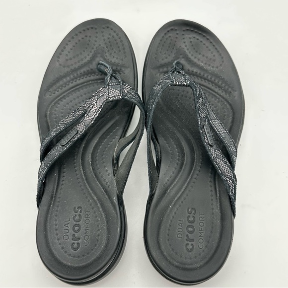 CROCS Capri Black Suede with Metallic Snake Print Women's Flip Flop Sandals - Picture 4 of 10